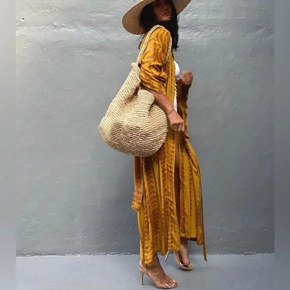 - New MUSTARD & CRAN Boho Tie Dye Kimono Maxi Beach open front long COVERUP *NEW